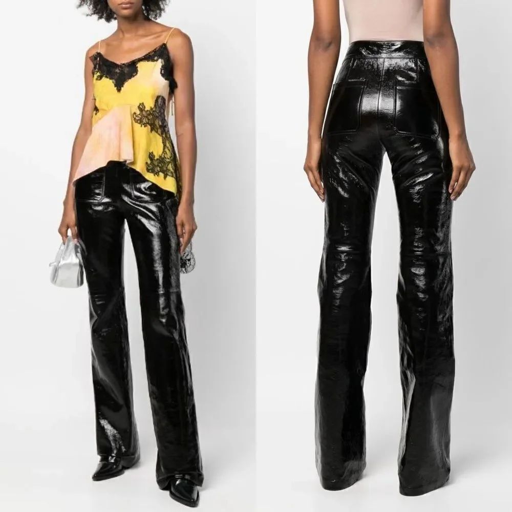 Rare! Dorothee Schumacher Lamb Leather Brown Pants Trousers Wide Leg Size XS